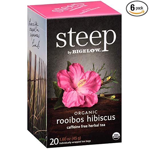 Steep by Bigelow Organic Rooibos Hibiscus Caffeine Free Herbal Tea, 20 Count (Pack of 6), 120 Tea Bags Total.