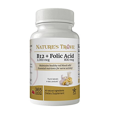 Vitamin B12 1000mcg with Folic Acid 800mcg by Nature's Trove - 365 EZ Chew Tablets Cherry Flavor