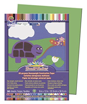 Pacon SunWorks Construction Paper, 9-Inches by 12-Inches, 50-Count, Bright Green (9603)