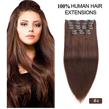 Human Hair Clip in Hair Extensions Full Head, Re4U 20inch 180gram Thick Real #4 Medium Brown Clip ins Extensions for Thin Hair Adding Lengths and Volume (20" 10pcs 180g #4 Chocolate Brown)