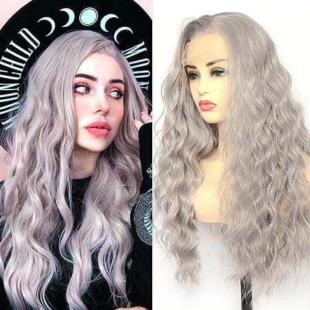 Grey Lace Front Wigs Long Curly Wavy Half Hand Tied Silver Gray Synthetic Hair Replacement Wigs for Women Party Show (22 Inch, Curly,Grey)