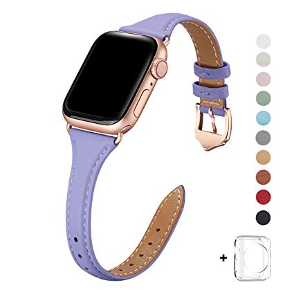 WFEAGL Leather Bands Compatible with Apple Watch 38mm 40mm, Top Grain Leather Band Slim & Thin Wristband for iWatch Series 5 & Series 4/3/2/1(Lilac Band Rosegold Adapter, 38mm 40mm)
