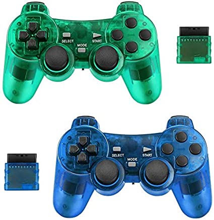 BicycleStore 2 Pack Wireless Controller for PS2 Playstation 2.4G Gamepad Joystick Remote with Shock Vibration Sensitive Control Wirelless Receivers (ClearBlue and ClearGreen)