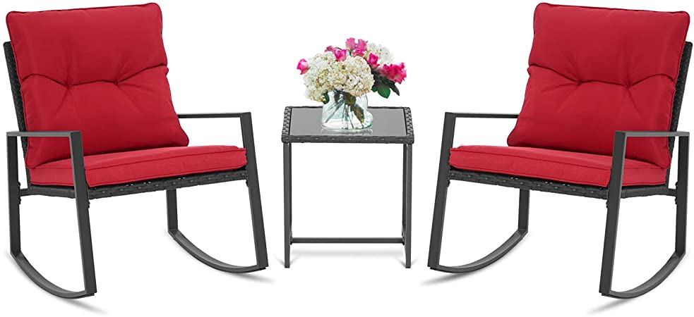BonusAll 3 Pieces of Outdoor Patio Furniture Rocking Chair Bistro Sets Wicker Black Chair and Coffee Table (Red Cushion)