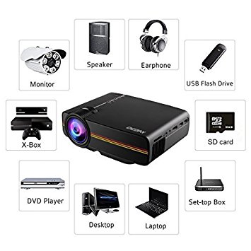 Home Theater Projector, OCDAY 1200 Lumens LED Mini Multimedia Video Projector Portable Support HD 800*480P Video for Home Theater Cinema TV Football Games Parties and Video Games Entertainment (Black)