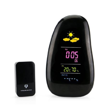PowerLead Cwf PCF001 Wireless Weather Monitor Clocks with Remote Sensor Color Cobblestone Weather Station Support Forecast, Temperature, Humidity, and Alarm Clock Calendar LED Display-Black