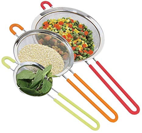 Fine Mesh Stainless Steel Strainer Set of 3 with Silicone Handles - Large, Medium & Small Size - Ideal to Strain Pasta Noodles, Quinoa, Cocktails, Tea, Sift & Sieve Flour & Powdered Sugar - Free EBook