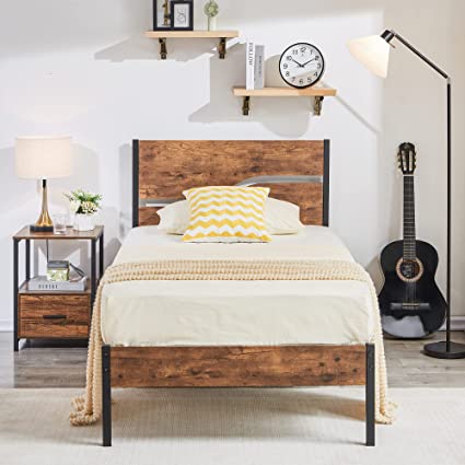 VECELO Platform Bed Frame Twin Size with Rustic Vintage Wood Headboard, Strong Metal Slats Support Mattress Foundation, No Box Spring Needed