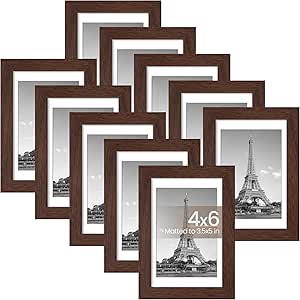 upsimples 4x6 Picture Frame Set of 10, Display Pictures 3.5x5 with Mat or 4x6 Without Mat, Multi Photo Frames Collage for Wall or Tabletop Display, Brown