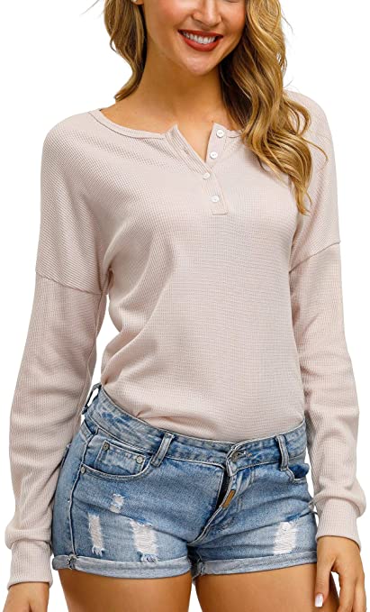 Women Waffle Henley Shirt V Neck Waffle Knit Tunic Tops Loose Long Sleeve Button Up Shirt