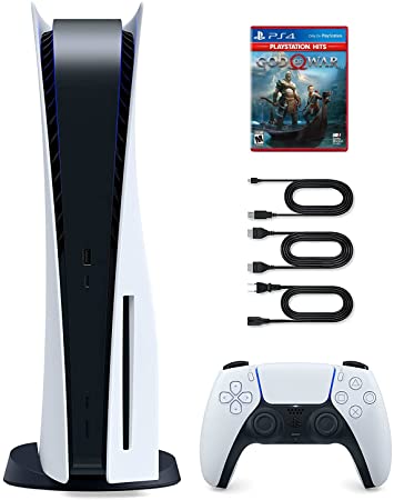 Sony Playstation 5 Disc Edition Console with PS4 God of War Game Disk Plus Entiqi 2.1 Ultra High Speed HDMI