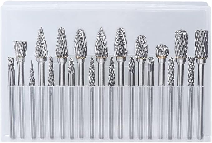 Yakamoz 20Pcs Double Cut Carbide Burr Set, 1/8" Shank Tungsten Steel Carbide Rotary Tool Bits for Die Grinder, DIY, Woodworking, Engraving, Metal Carving, Drilling, Polishing