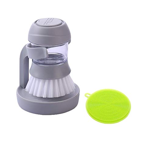 Palm Scrub Soap Dispensing Washing Dish Brush with Storage Stand, Plus Silicone Scrubber Brush For Kitchen Sink Cleaning Brush(1 set soap dispenser brush 1 Silicone Sponge Dishwashing Brush)