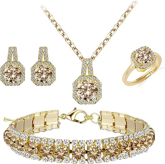 Paxuan Crystal Rhinestone Wedding Jewelry Sets Bridal Pendant Necklace Stud Earrings Link Bracelets Rings Set for Women