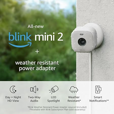 All-new Blink Mini 2   Weather Resistant Adapter — Plug-in smart security camera, HD night view in color, built-in spotlight, two-way audio, motion detection, Works with Alexa (White)