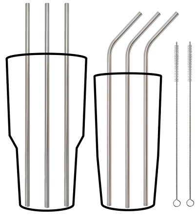 UltiStraws Stainless Steel Straws; Extra Long 10.5 inches - Specially Designed for Yeti RTIC and Tall Tumblers & Cups - Fits 20 & 30 oz; Premium 18/8 Set of 6 Straws (3 Straight   3 Bent   2 Brushes)
