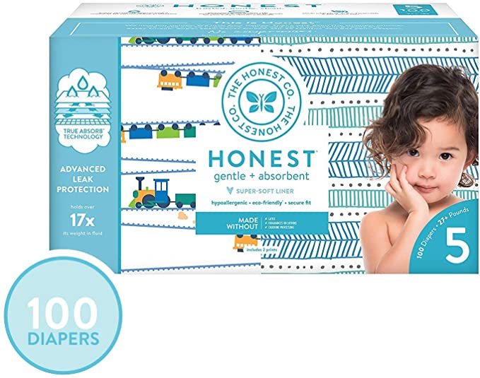 The Honest Company Super Club Box Diapers with TrueAbsorb Technology, Trains & Teal Tribal, Size 5, 100 Count