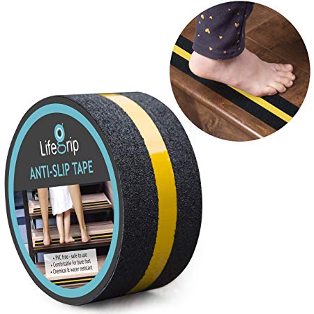 LifeGrip Anti Slip Safety Tape, Textured Rubber Surface with Reflective Stripe, Comfortable for Barefoot, Black