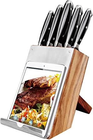 BILL.F Kitchen Knife Sets, 6 Pieces Knife Block Set with Wooden Block and Recipe Holder, Black