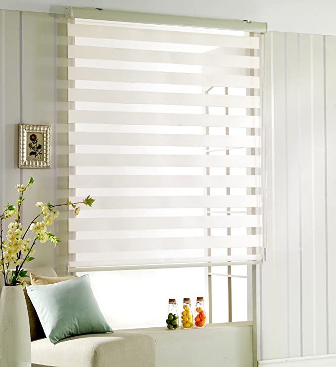 Foiresoft Custom Cut to Size, Woodlook 55, White_Ivory, W 41 x H 55 inch Zebra Roller Blinds, Dual Layer Shades, Sheer or Privacy Light Control, Day and Night Window Drapes, 10 to 110 inch Wide