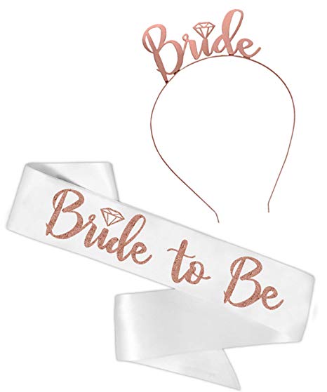 Bride Rose Gold Bridal Shower Set - White Satin Sash & Rose Gold Diamond Bride Headband GSet(B2B & HB RsGld) WHT