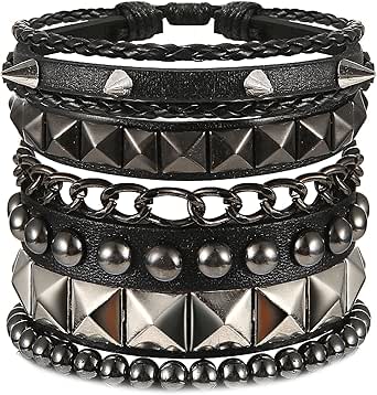 Yolev 4 Pcs Punk Leather Bracelet Hematite Black Braided Leather Bracelets Set Black for Men Women Adjustable Spike Metal Cuff Bangle Length Woven Leather Bracelet