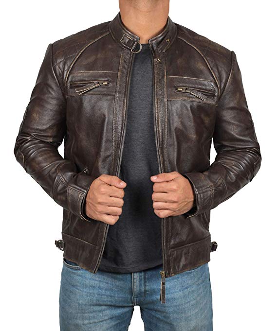 Brown Leather Jacket Men for Bikers - Distressed Lambskin Waxed Motorcycle Leather Jacket