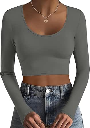 Ekouaer Long Sleeve Crop Tops for Women Scroop Neck Lightweight Basic T Shirts Tight Fitted Y2k Tee S-XXL