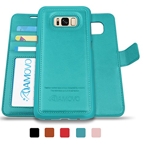 AMOVO Galaxy S8 Plus Case, Samsung S8 Plus Wallet Case [Detachable Wallet Folio] [2 in 1] [Premium Vegan Leather] Samsung S8 Plus Case Leather with Gift Package (Aqua)