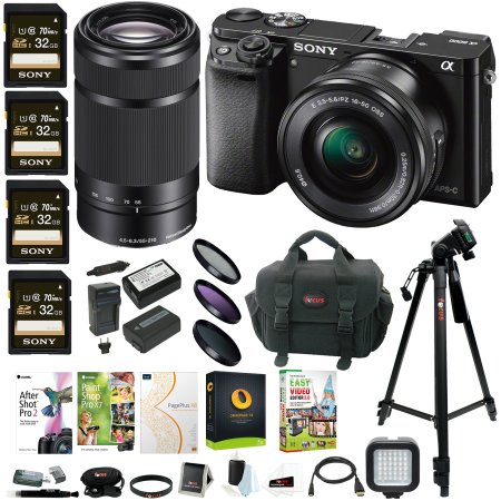 Sony Alpha a6000 Mirrorless Camera w/ 16-50mm & 55-210mm Lens & Four 32GB SD Cards