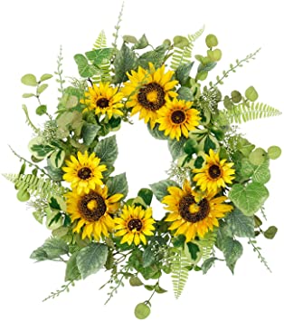 Cloris Art Wreath for Front Door, 22 Inch Artificial Sunflower Fern Wreath for Home Office Party Holiday, Spring and Summer Farmhouse Decor