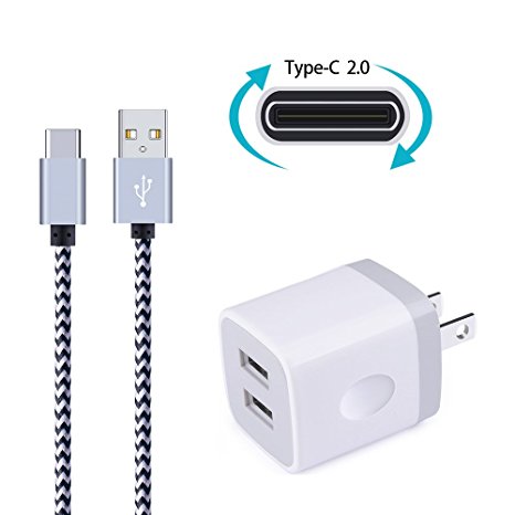 Wall Charger, Ailkin Dual USB Port Travel Adapter with 6FT Nylon Braided USB C Charge Cable for Samsung S8 S8 Plus, MacBook, LG LG5 LG6 V20, Oneplus 2, Nexus 5X/6P, ChromeBook and More USB C Devices