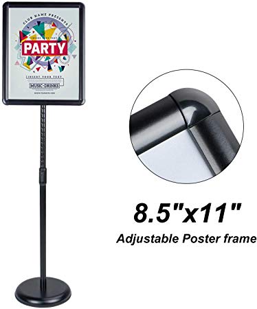 AkTop Adjustable Poster Sign Stand, 8.5 X 11 Inch Heavy Duty Pedestal Floor Standing Sign Holder, Black Snap-Open Aluminum Frame with Safety Rounded Corner