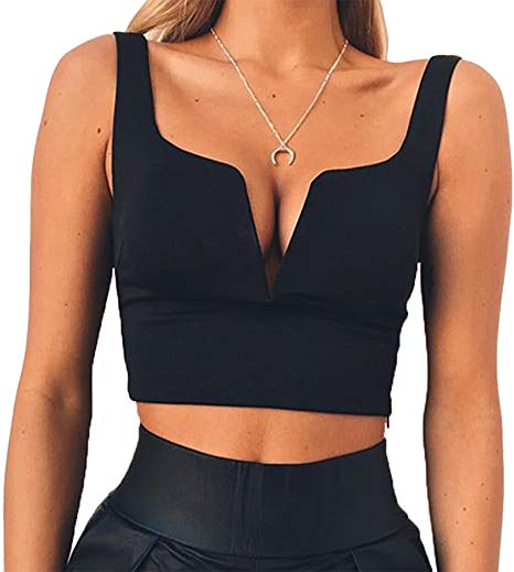 Susupeng Women Sexy Deep V Neck Sleeveless T Shirt Slim Crop Top Side Zip Casual Tank Tops
