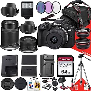 Canon EOS R50 Mirrorless Camera with RF-S 18-45mm f/4.5-6.3 is STM and Canon RF-S 55-210mm f/5-7.1 is STM Lens   64 GB Memory   Extra Battery   Filters   More (30pc Bundle)