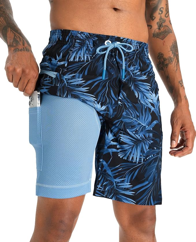 APTRO Men's Swim Trunks with Compression Liner 9" Board Shorts with Zipper Pocket Bathing Suit Swimwear