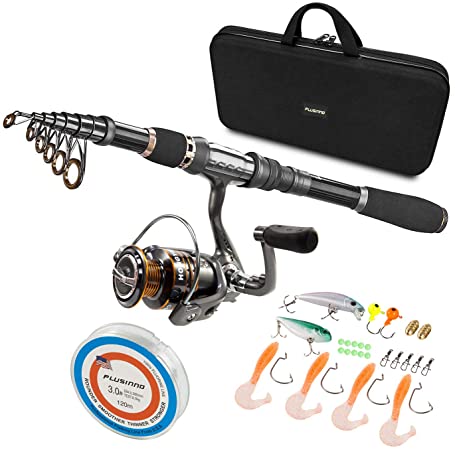 PLUSINNO Telescopic Fishing Rod and Reel Combos Full Kit, Spinning Fishing Gear Organizer Pole Sets with Line Lures Hooks Reel and Fishing Carrier Bag Case Accessories