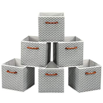 MaidMAX Cloth Storage Bins Cubes Baskets Containers with Wooden Handle for Home Closet Bedroom Drawers Organizers, Foldable, Gray Chevron, Set of 6