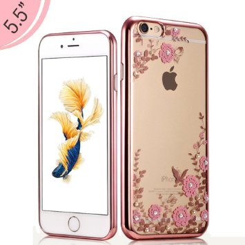 Urberry Iphone 6 Plus/6s Plus Crystal TPU Cover, [Bling Diamond and Flower Serie with Phone Bracket and Screen Protector
