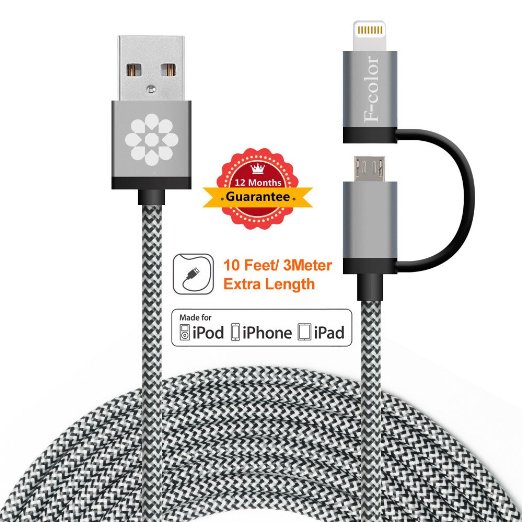 iPhone 5S Charger 10ft Long iPhone 6S Charger Micro Charging Cable F-color8482 2 in 1 Braided Lightning Cord for iPhone 6S 6 Plus 5C iPad mini 4 Android Phones Motorola Galaxy Note 5 S6 Edge Grey