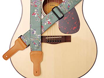 MUSIC FIRST Original Design, 2 inch width (5cm), Vintage Style “Plum Flowers” Soft Cotton & Genuine Leather Guitar Strap, Ukulele Strap, Mandolin Strap