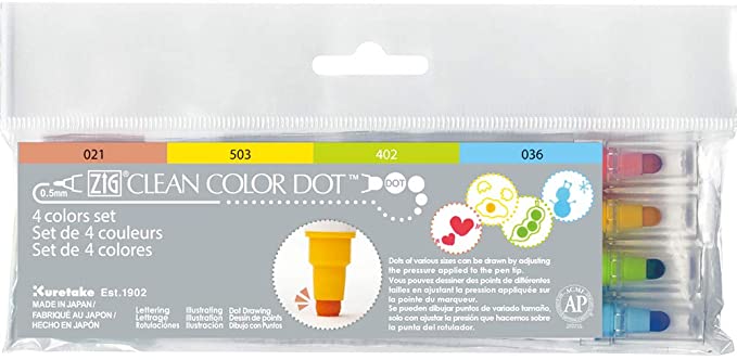 Kuretake Zig Clean Color DOT 4 colors set, Dual tip, for journaling, Crafts, illustlation, Lettering 0.5mm fine tip on one end and a Flexible dot tip, AP-Certified, Made in Japan