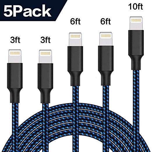 iPhone Charger, MFi Certified Lightning Cable 5 Pack [3/3/6/6/10FT] Extra Long Nylon Braided USB Charging&Syncing Cord Compatible with iPhone 7/7Plus/XS Max/XS/XR/X/8/8Plus/6S/6S Plus/SE (Black&Blue)