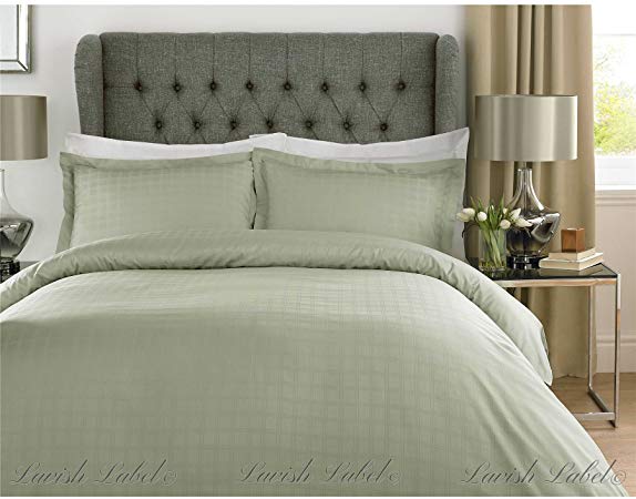Luxury Hotel Collection Duvet Cover Set 400 Thread Count 100% Cotton Satin Stripe Check Bedding - Green- SuperKing