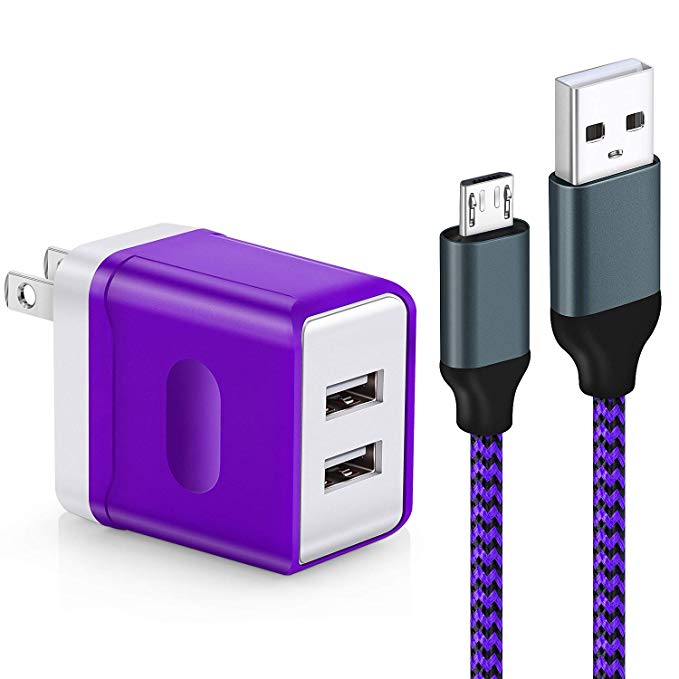 Android Charger Cable, Magic-T Braided Micro USB Cable 6ft with Dual Ports USB Wall Charger Fast Charging Compatible with Samsung Galaxy S7 S6 J8 J7 J3 Note 5,LG G3 G4 G2,Moto, HTC, Tablets(Purple)