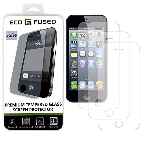 Eco-Fused Premium Tempered Glass Screen Protector for iPhone 5 5C 5S - 3 Glass Screen Protectors with Oleophobic Coating - Anti Fingerprint and Scratch - Perfect Clarity and Touch