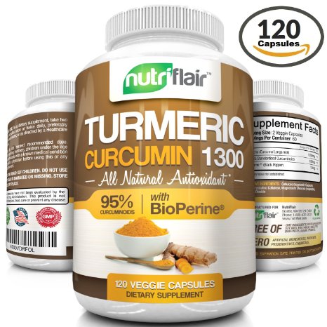 Turmeric Curcumin with BioPerine® Black Pepper 1300mg, 120 Veggie Capsules, with 95% Curcuminoids - Highest Potency, All Natural, Non-GMO, Gluten FREE Antioxidant, for Pain Relief and Joint Support