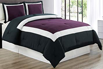 Grand Linen 2 Piece Brown/Black / White Goose Down Alternative Color Block Comforter Set, Twin Size Microfiber Bedding, Includes 1 Comforter and 1 Sham