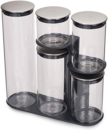 Joseph Joseph 95035 Podium 100 Glass Dry Food Storage Container Set with Stand, 5-piece, Stainless Steel