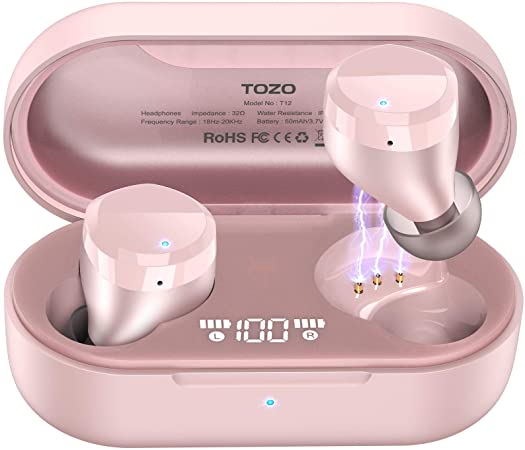 TOZO T12 Wireless Earbuds Bluetooth Headphones Premium Fidelity Sound Quality Wireless Charging Case Digital LED Intelligence Display IPX8 Waterproof Earphones Built-in Mic Headset for Sport Rose-Gold